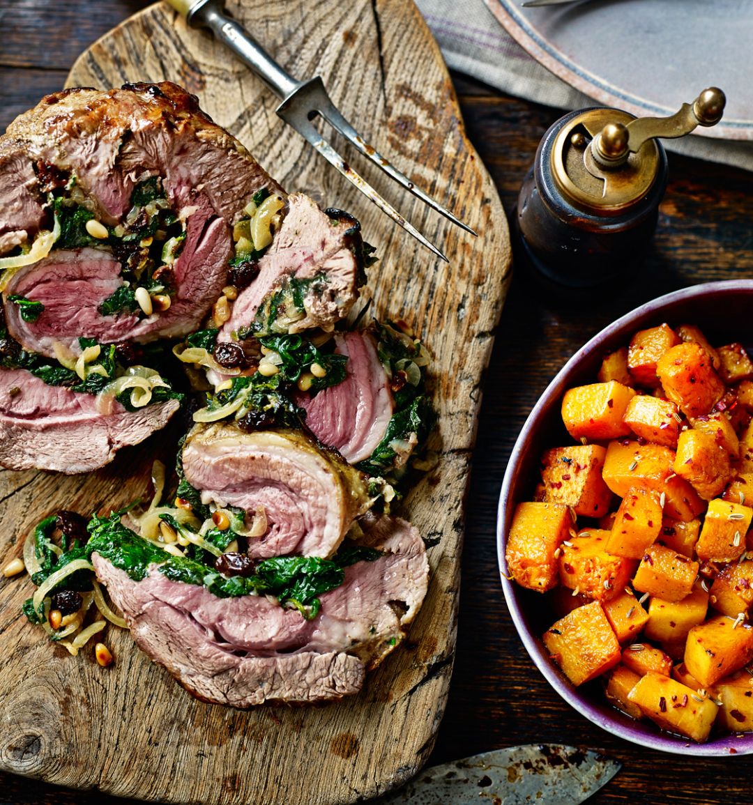 Roast shoulder of lamb with spinach stuffing