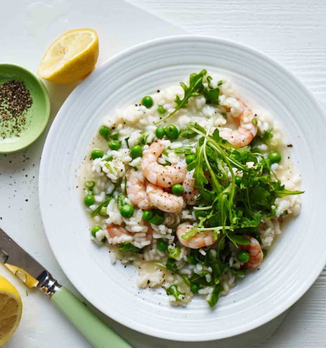 Oven-baked prawn, pea and rocket risotto