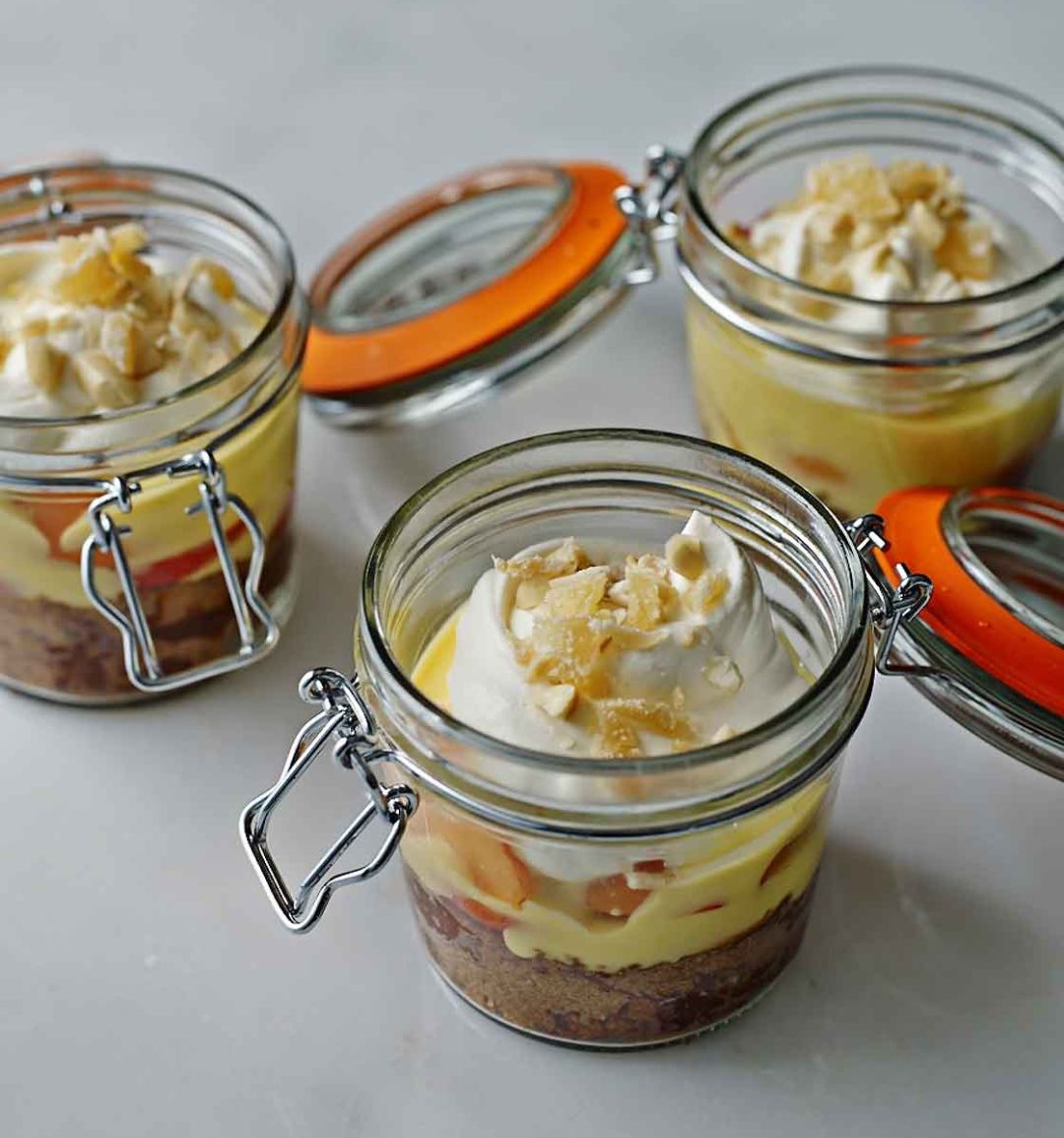 Apricot and ginger trifles in a Kilner jar
