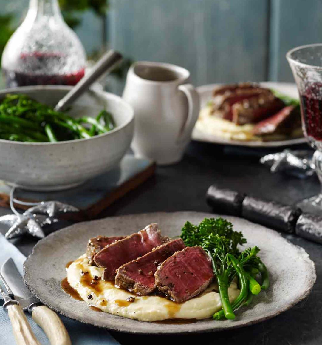 Three-pepper steaks with pommes mousseline 