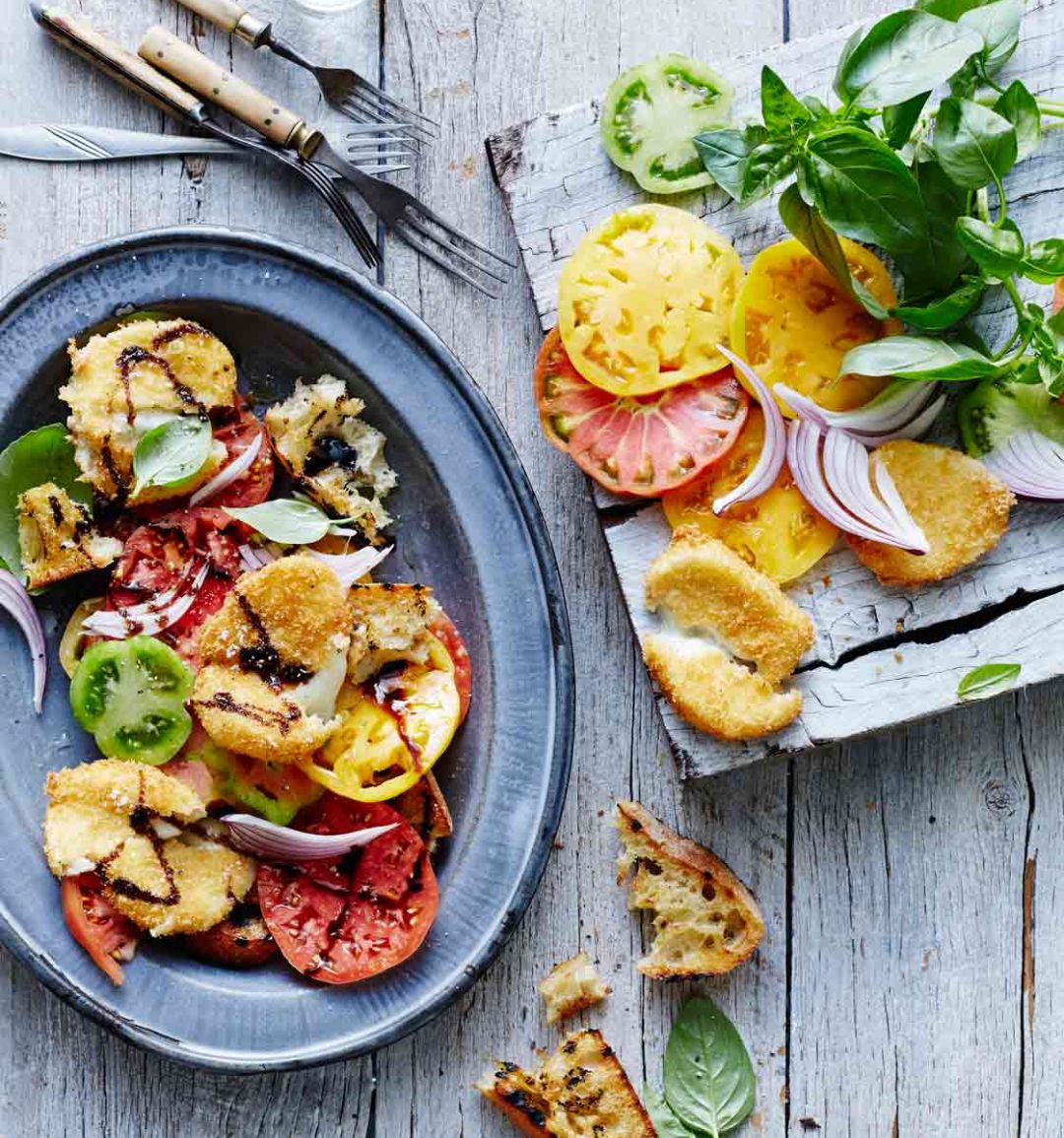 Tomato panzanella salad with deep-fried mozzarella