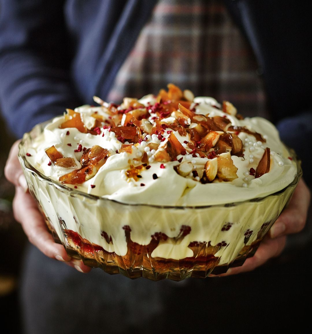 Raspberry and Amaretto trifle with salted caramelised almonds