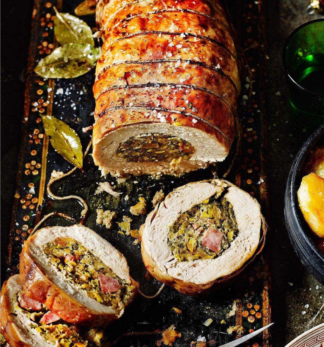 Roast turkey breast with apricot, gammon and pistachio stuffing 