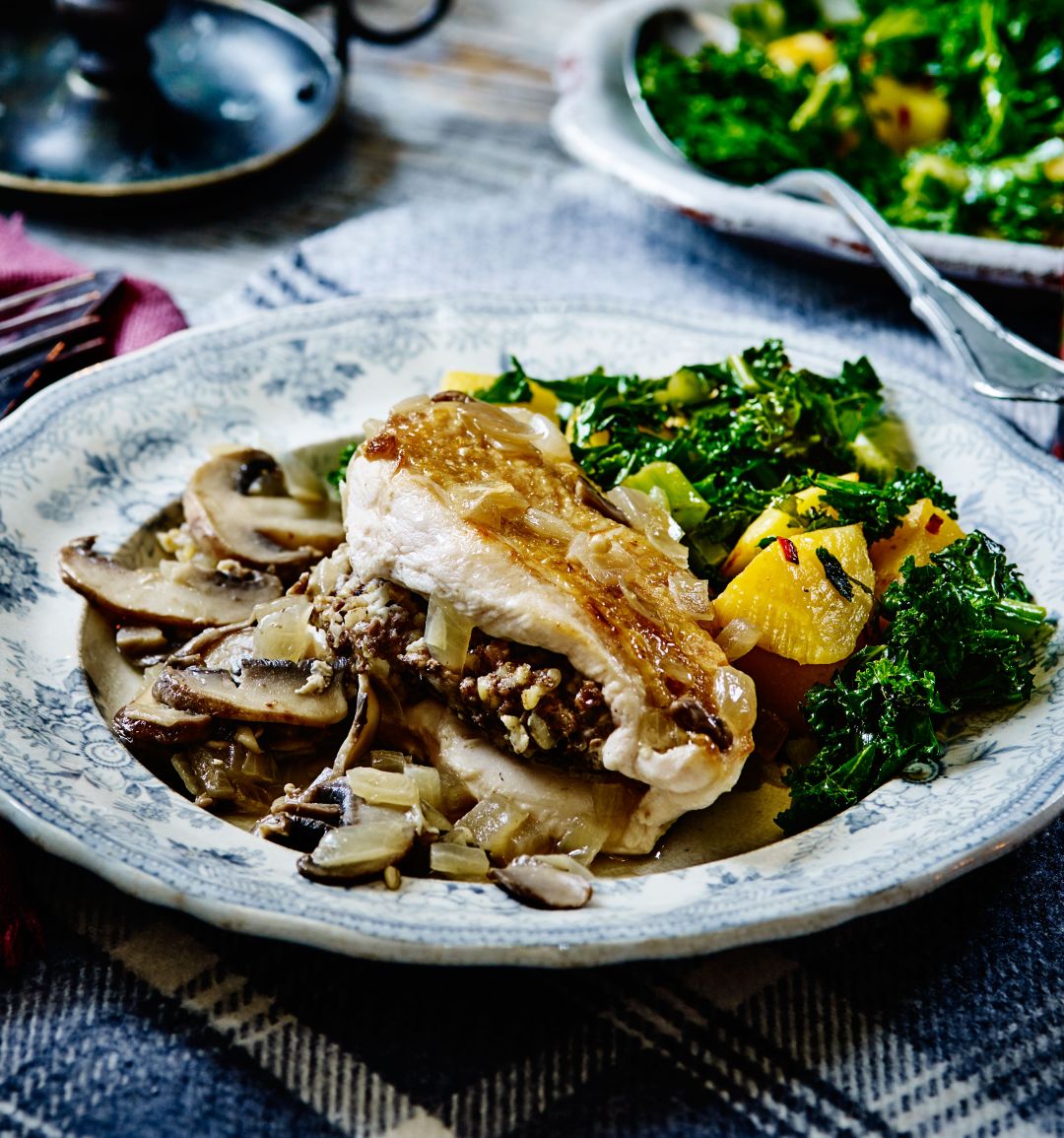 Haggis-stuffed chicken breasts with chilli and garlic stir-fried swede and kale 