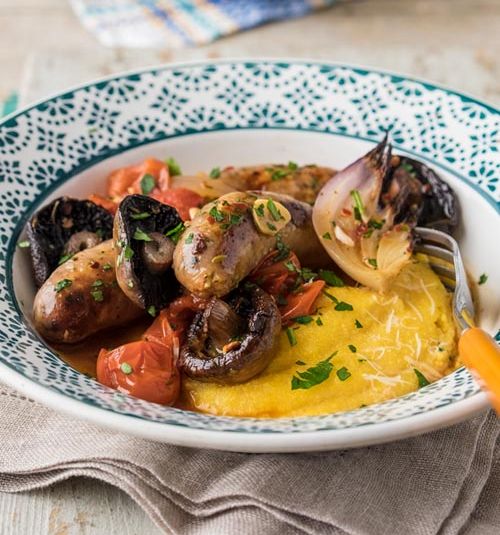Creamy polenta with roasted Italian sausages