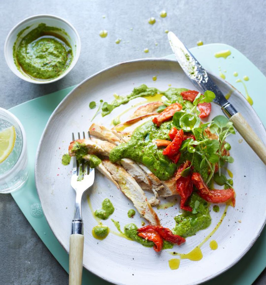 Bashed chicken with walnut and watercress pesto