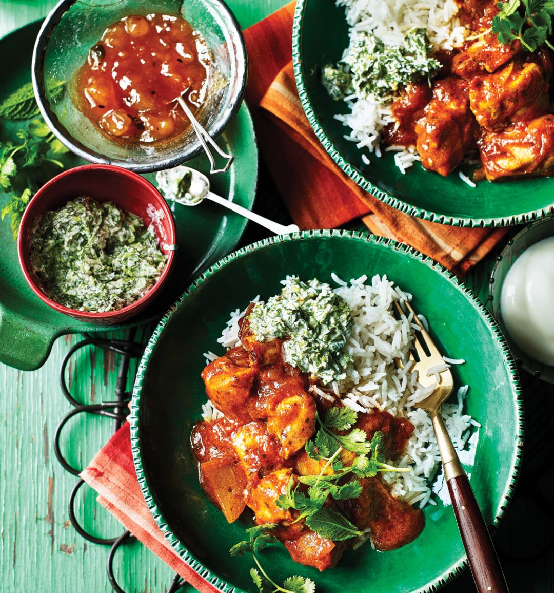 Chicken rogan josh with mint and coriander relish