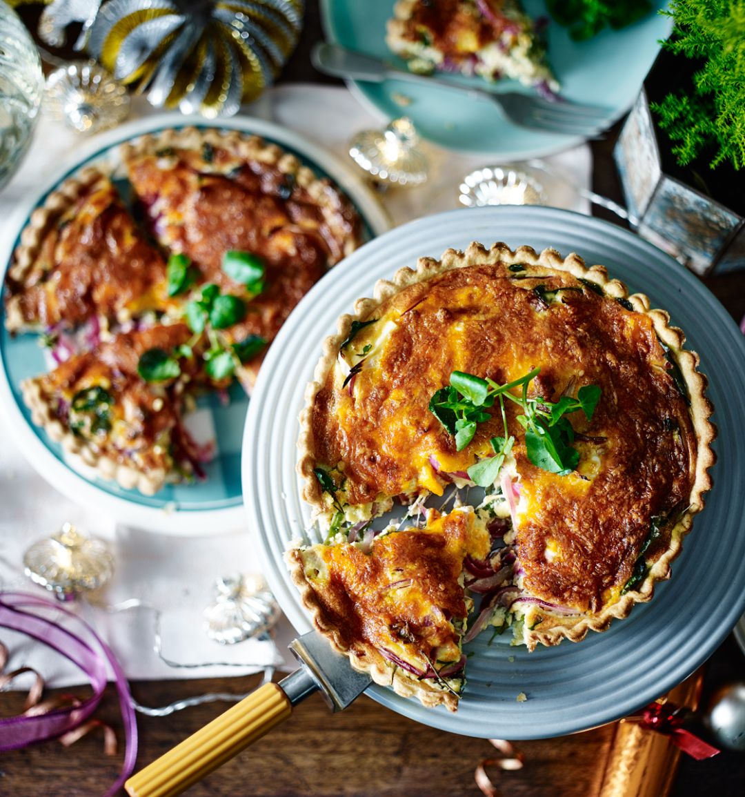 Red Leicester, pickled onion and watercress quiche