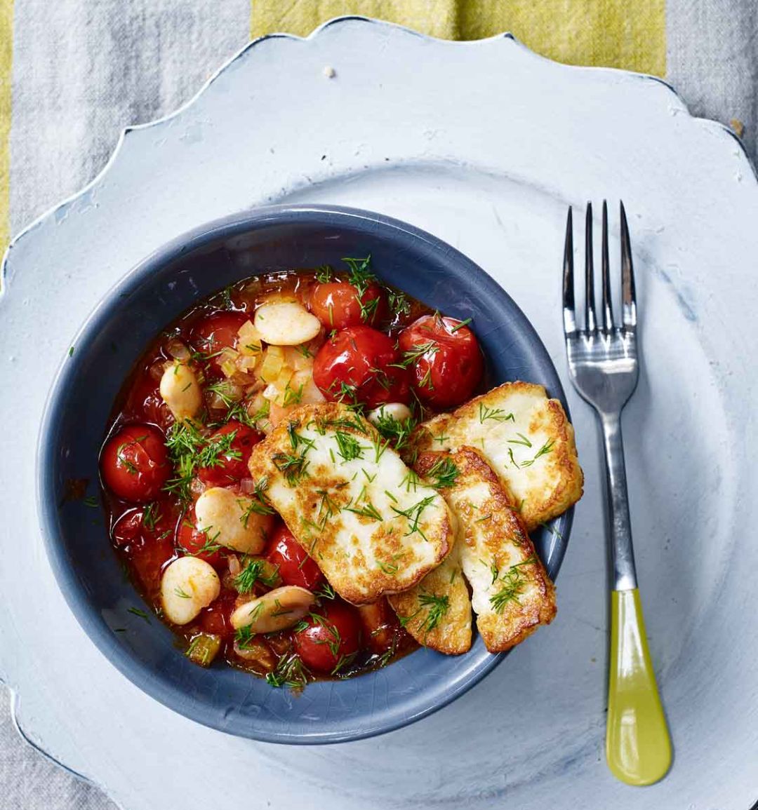 Greek butter beans with halloumi