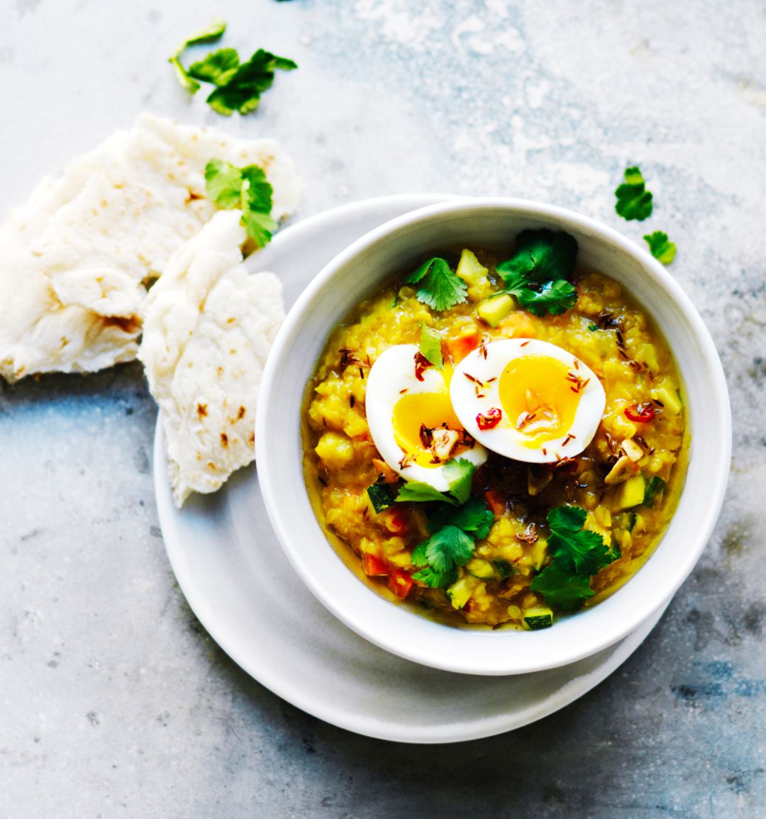 Golden vegetable dhal with soft-boiled eggs