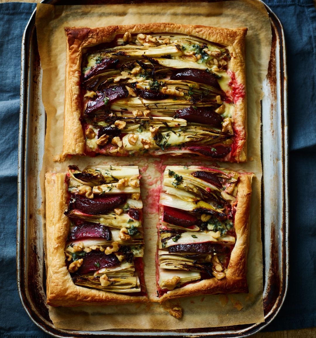 Beetroot, chicory and blue cheese tart