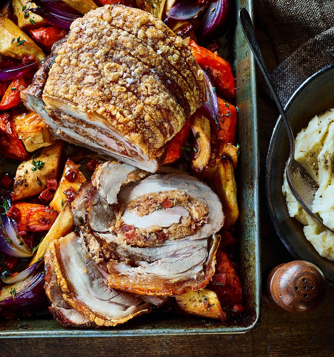 Chorizo-stuffed pork with roasted roots