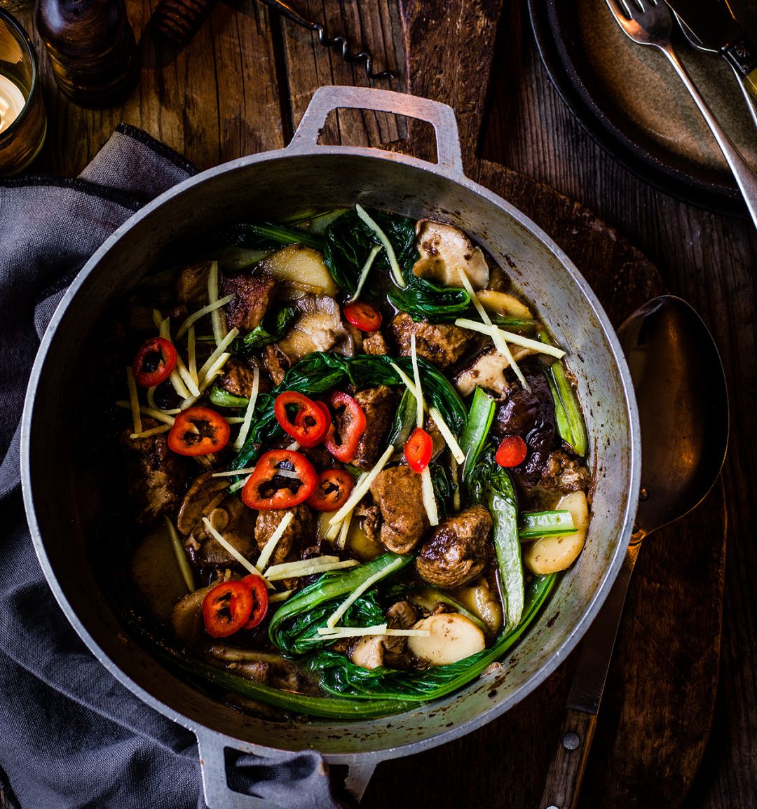 5-spice pork with water chestnuts and greens