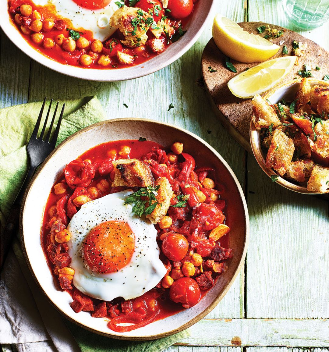 Spanish chickpea and chorizo stew with fried eggs