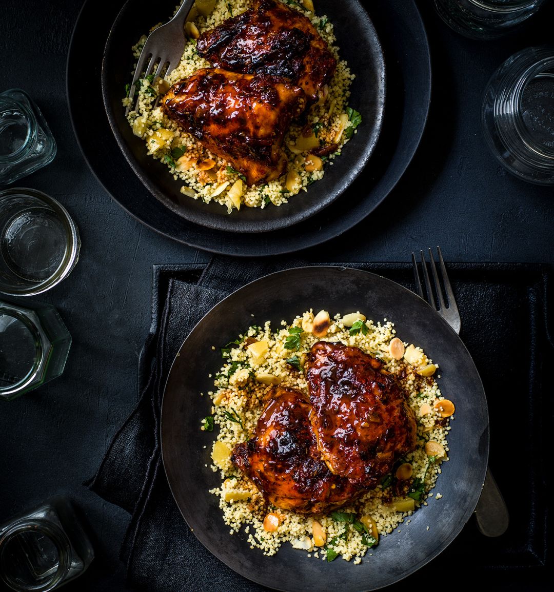 Sticky harissa and marmalade-baked chicken