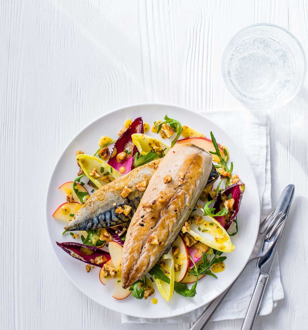 Mackerel with chicory, apple and walnuts
