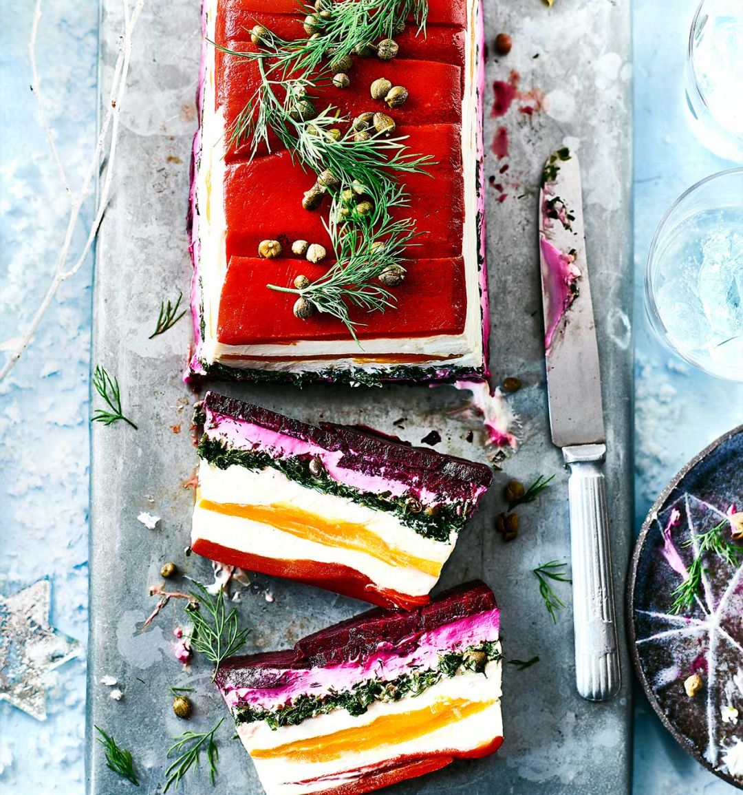 Rainbow vegetable and whipped feta terrine