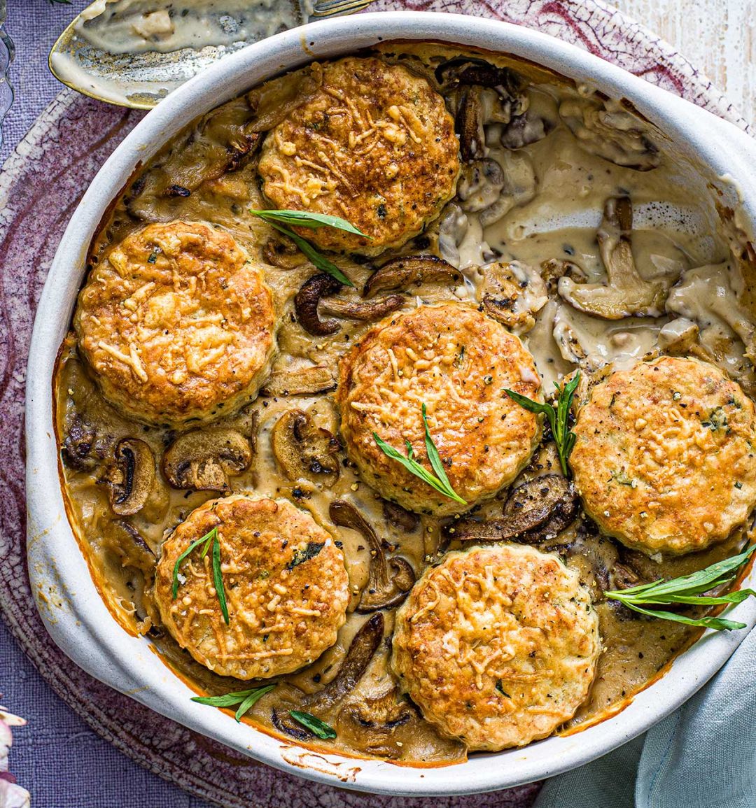 Mushroom cobbler with cheese scones 