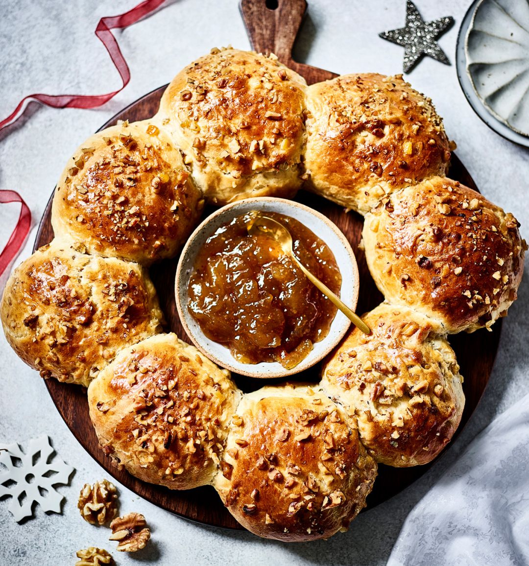 Candied fruit & walnut brioche wreath with fig jam from California Walnuts