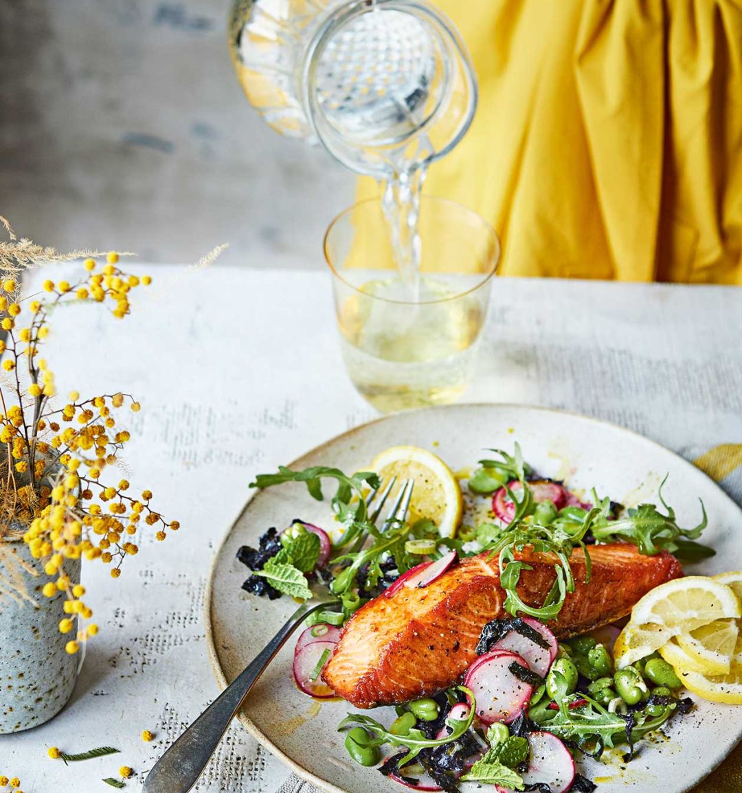 Salmon with broad bean and seaweed salad