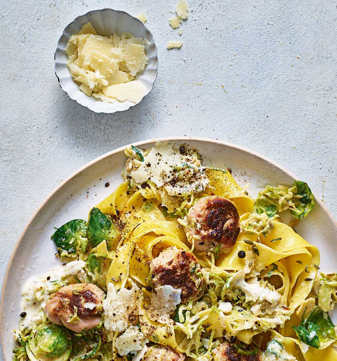 Sausage meatball and sprout pasta