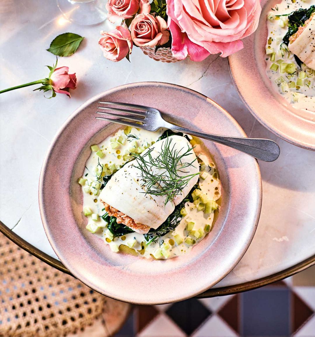 Crab-stuffed plaice with cucumber cream sauce