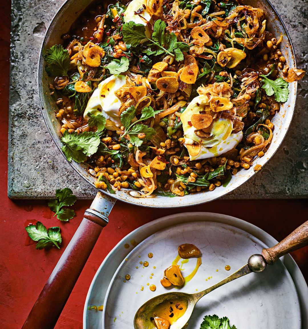 Tamarind greens and mung beans with turmeric oil