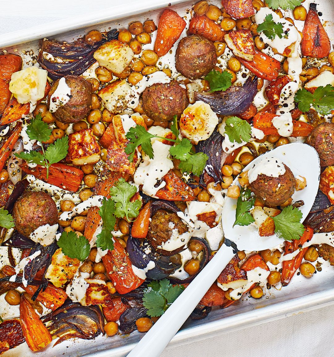 Falafel, carrot and halloumi traybake
