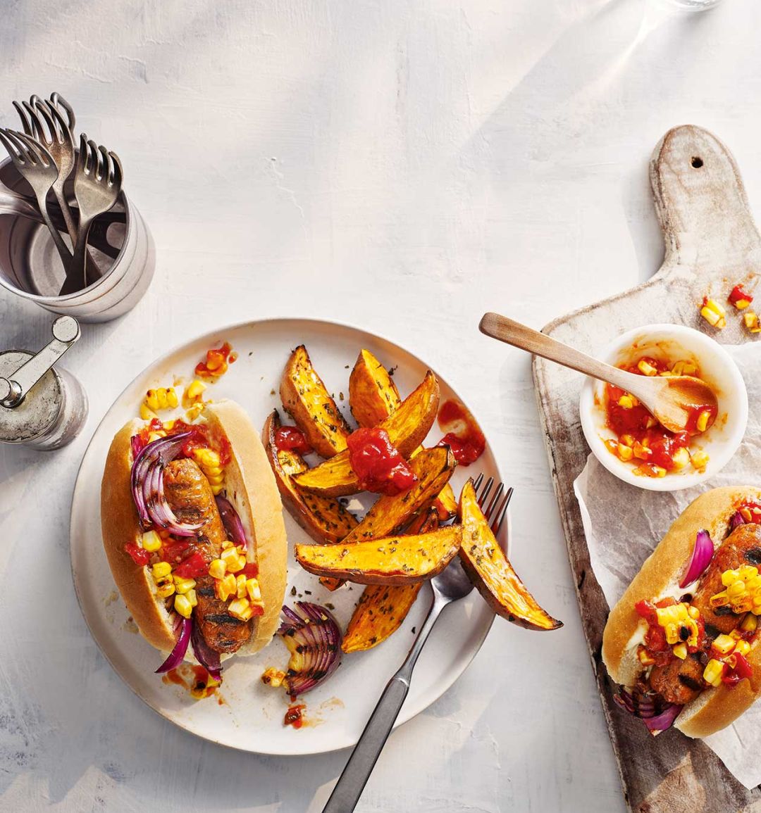 Vegan hot dogs with corn relish