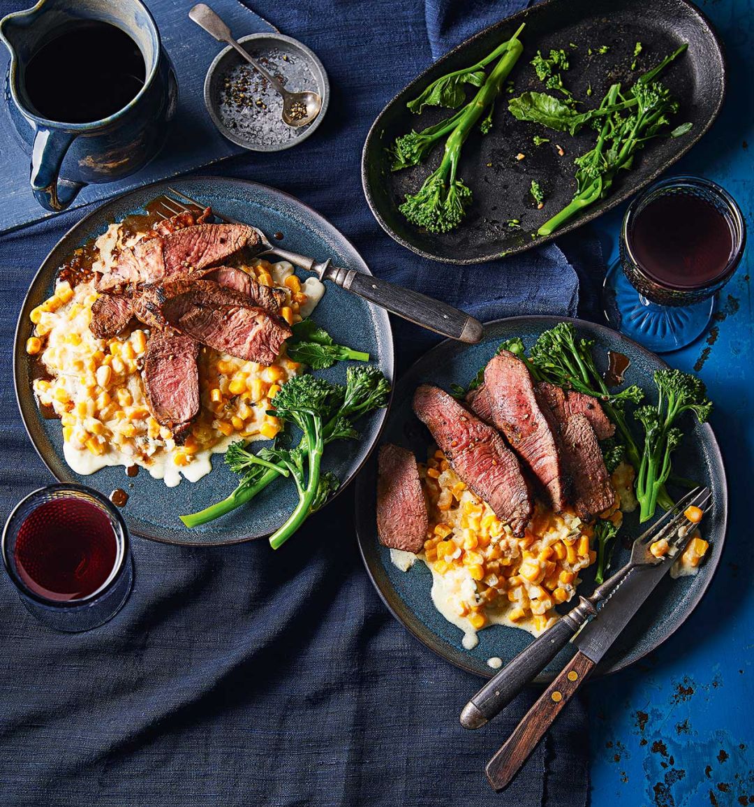 Balsamic steak with cheesy creamed corn
