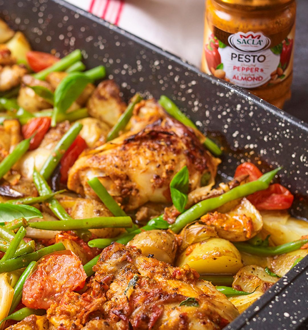 Sponsored: Chicken and pesto traybake from Sacla' 
