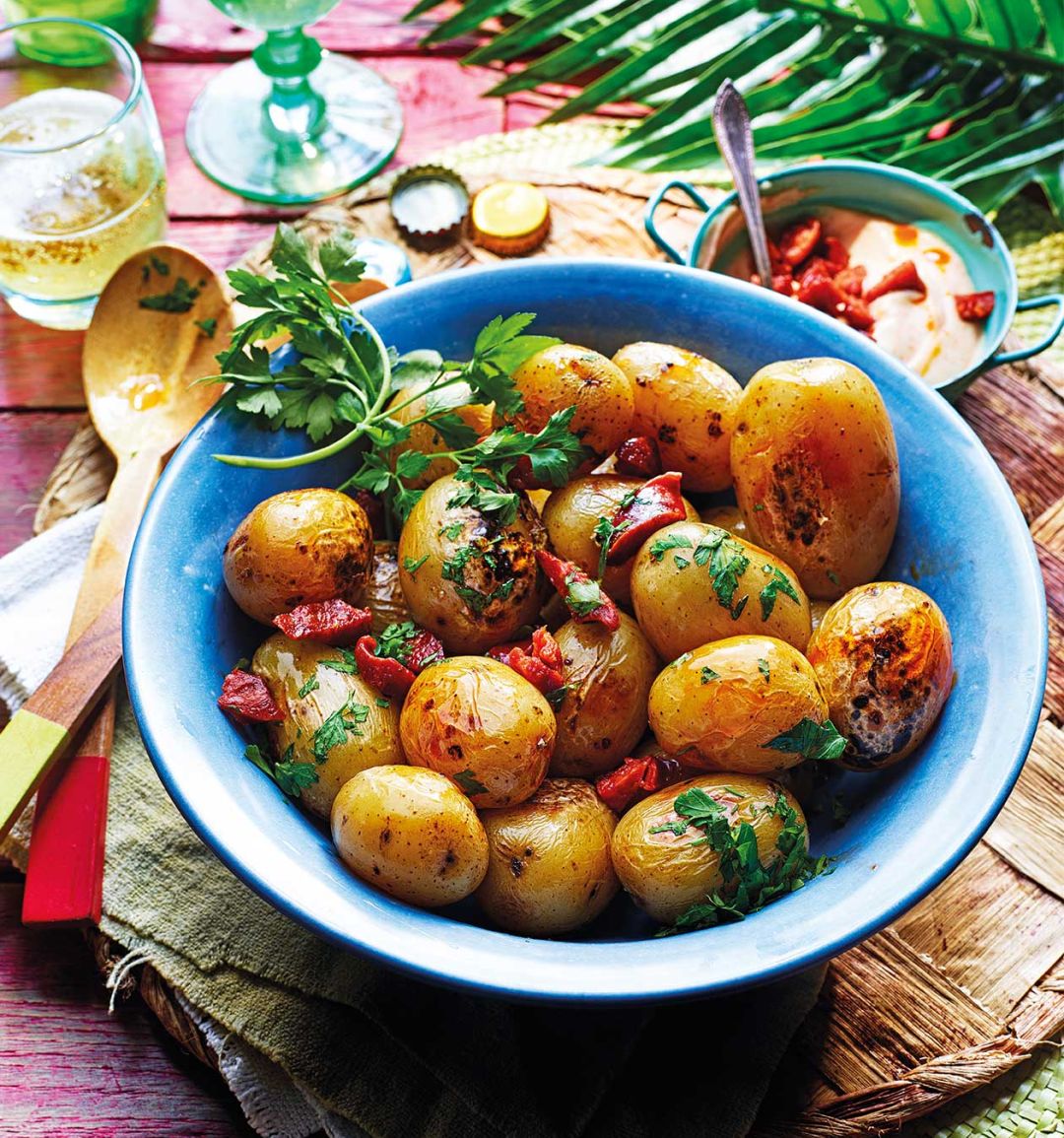 Barbecued spuds with chorizo mayo