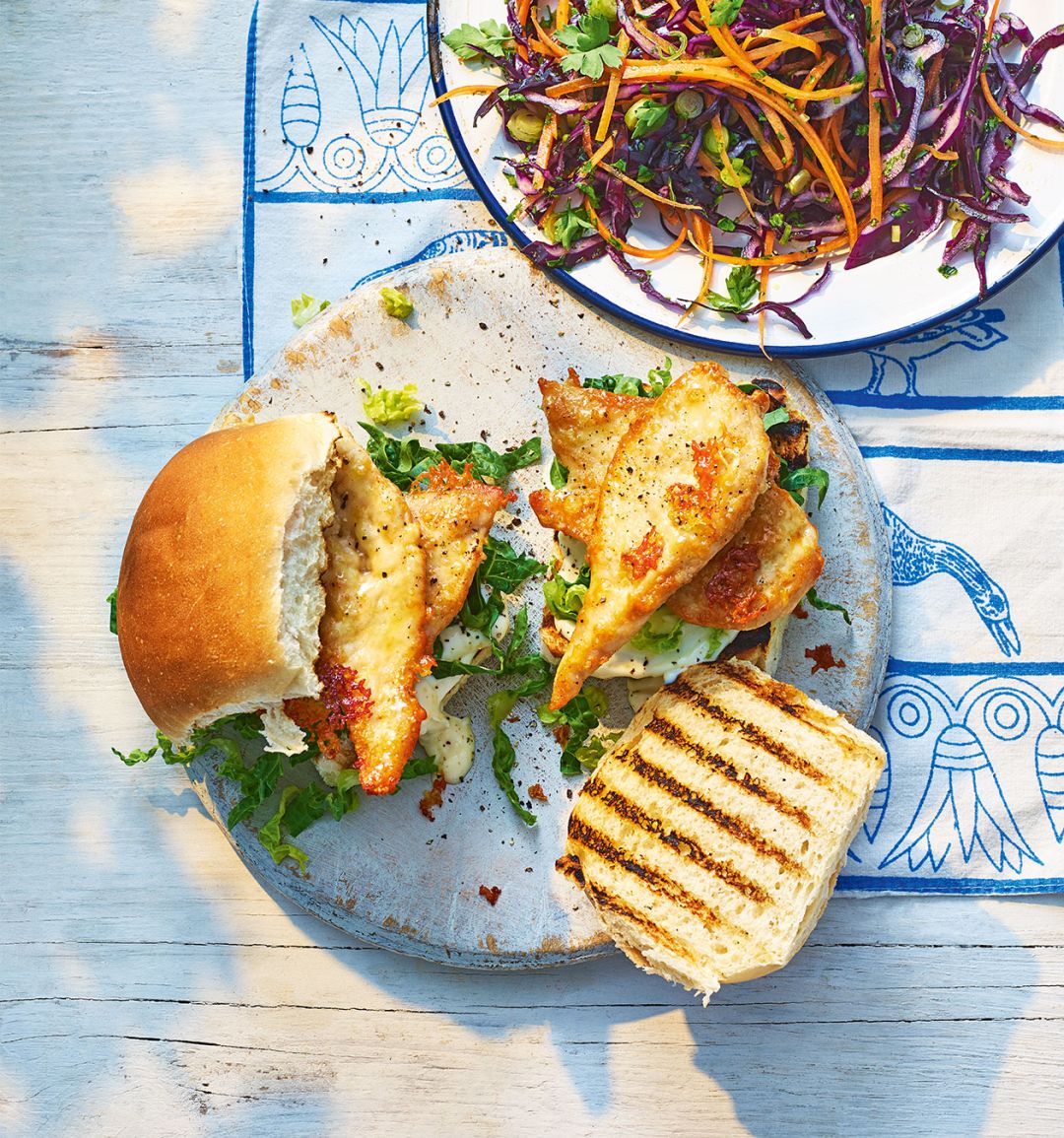Parmesan chicken butties with red cabbage slaw