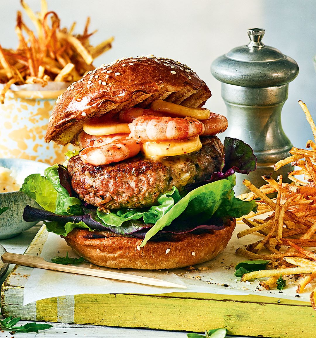 Pork and prawn burger with sriracha butter