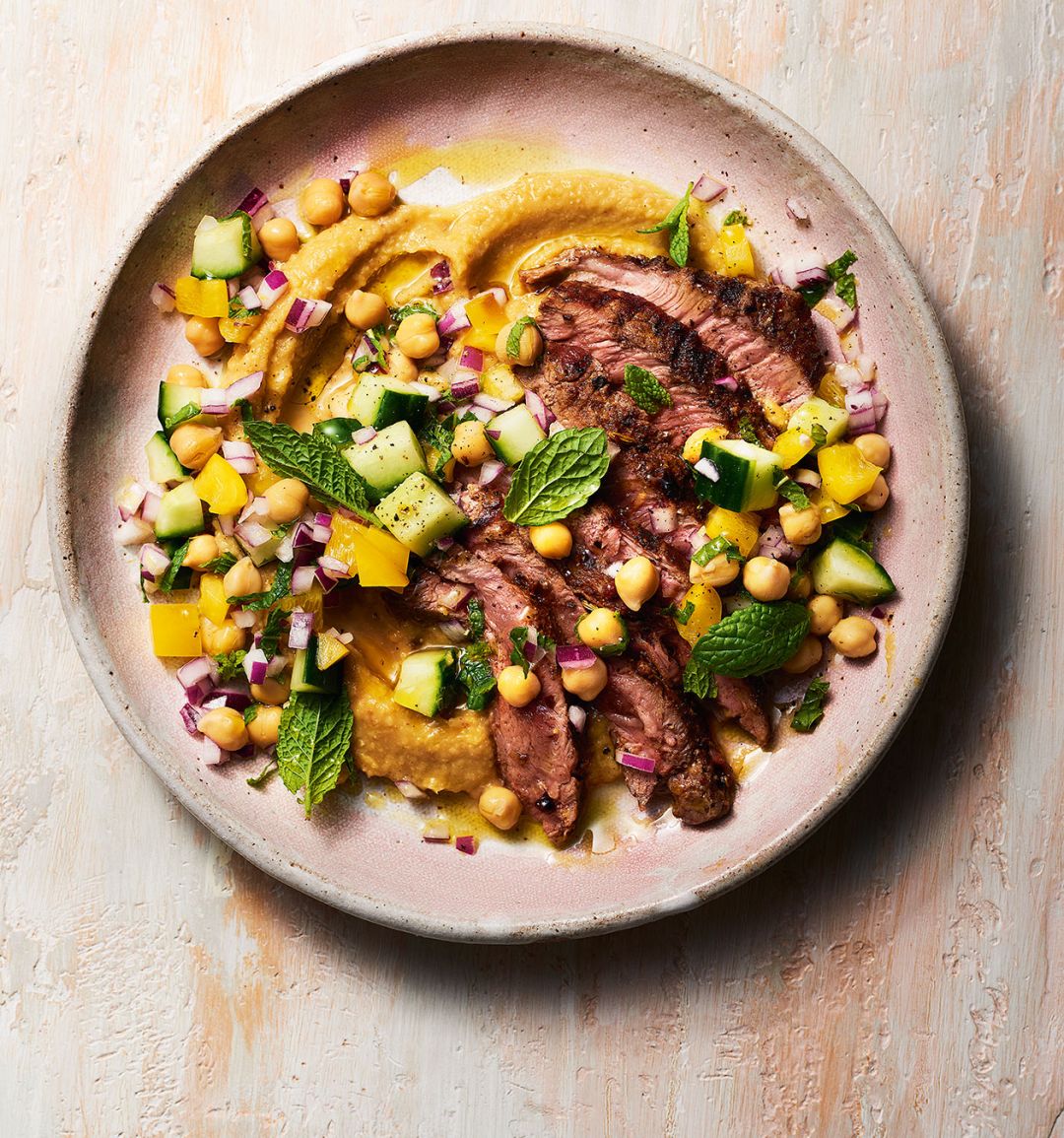 Moroccan-style lamb with warm houmous