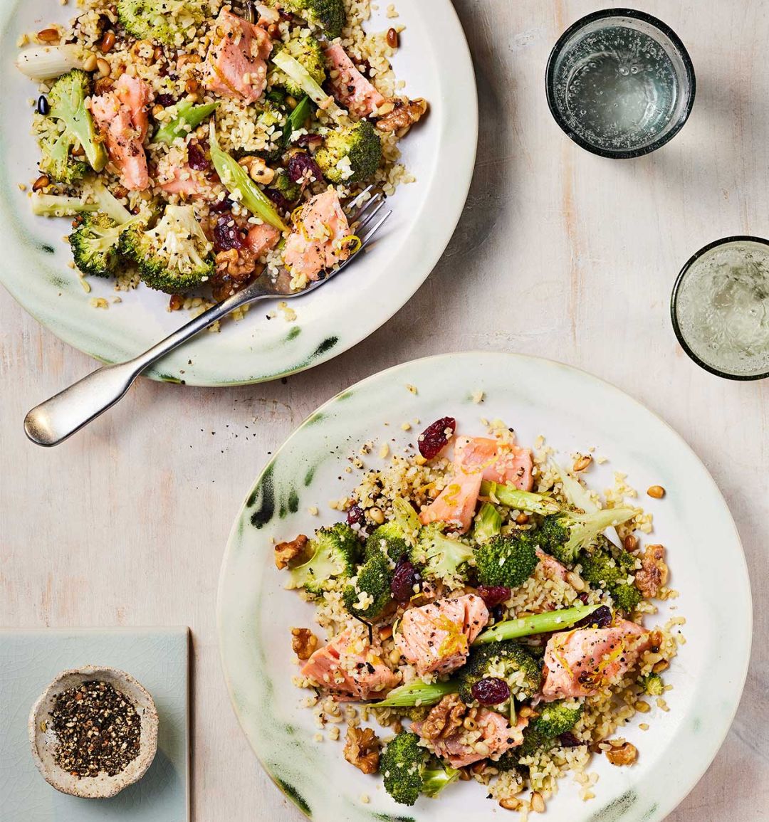 Zesty salmon and roasted broccoli bulgur