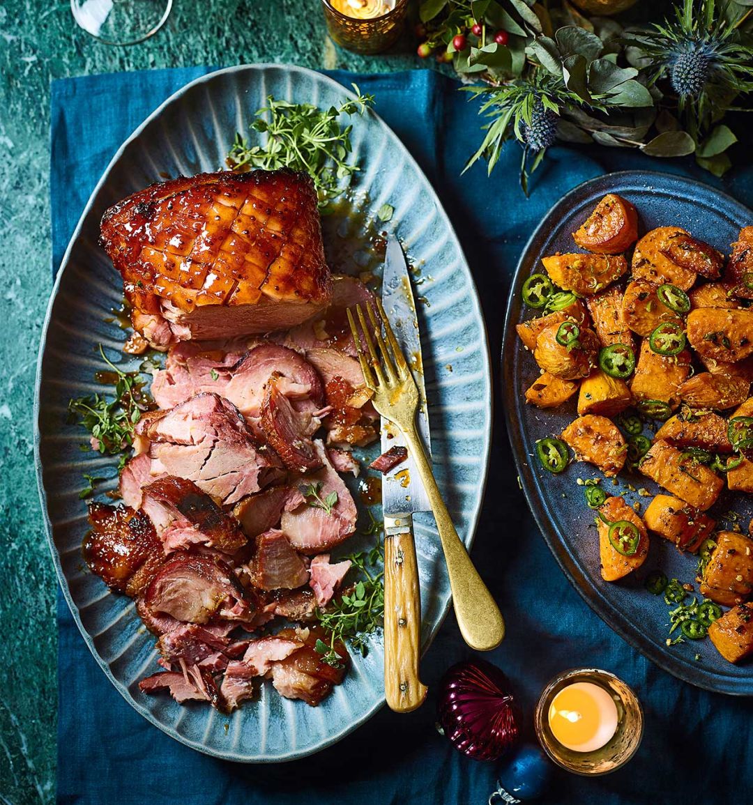 Tamarind-and-ginger jam-glazed ham with nutmeg and sweet potatoes