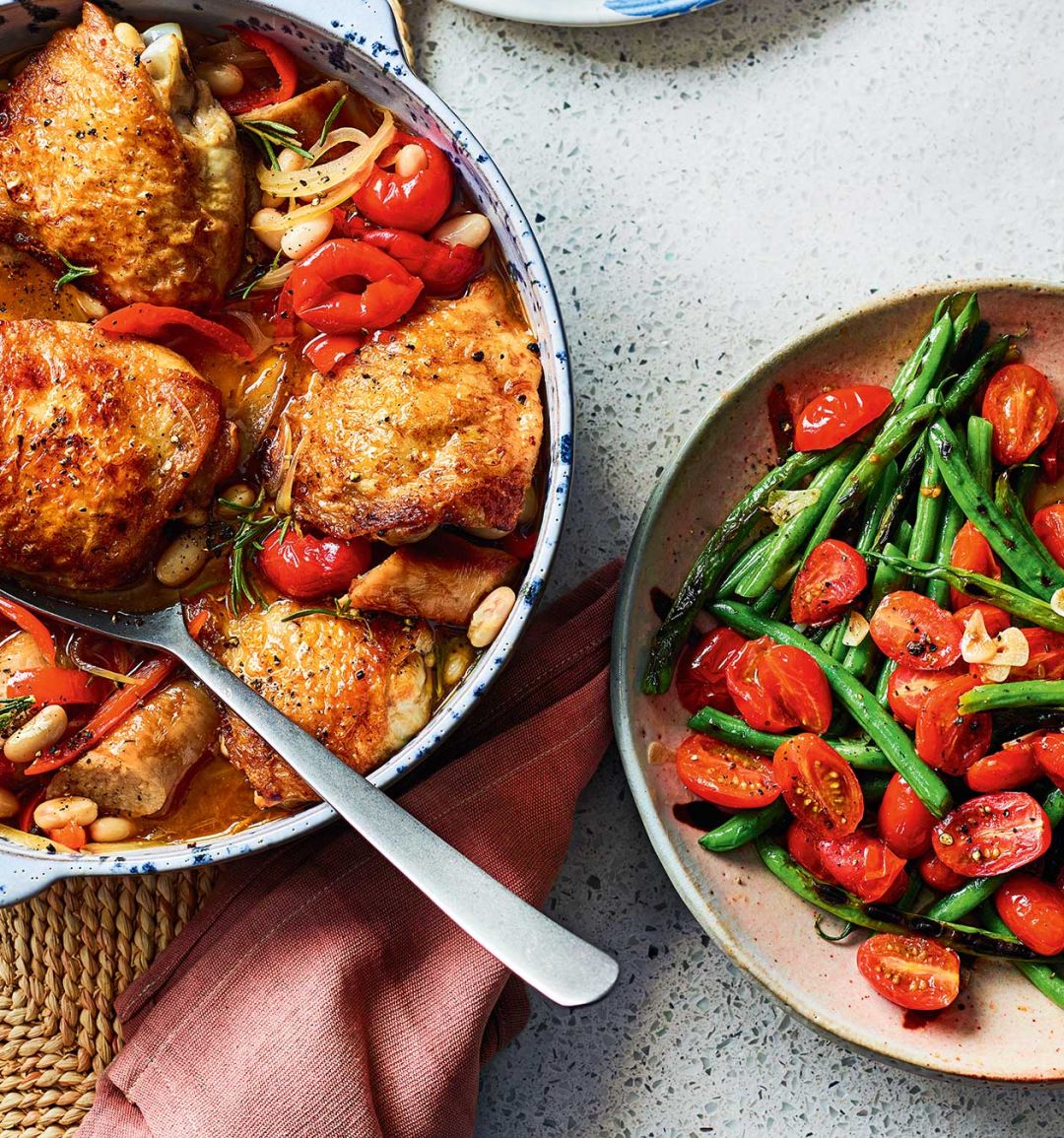 Crispy chicken and sausages with pickled peppers