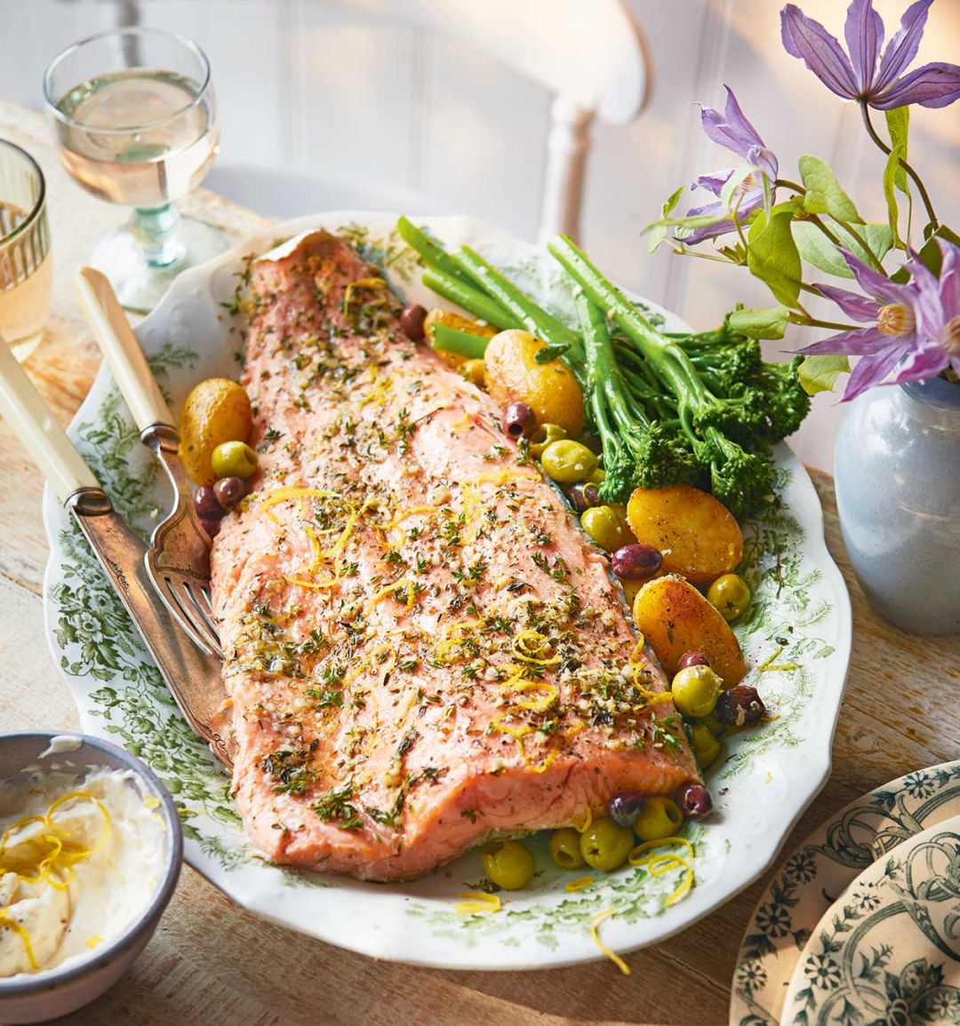 Roast salmon and potatoes with preserved lemon aioli