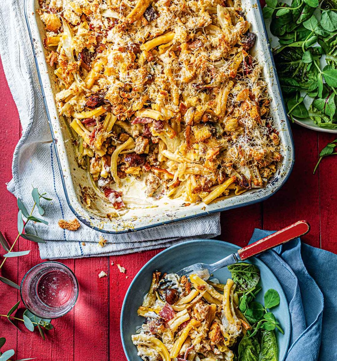 Sausage, salami and chestnut pasta bake