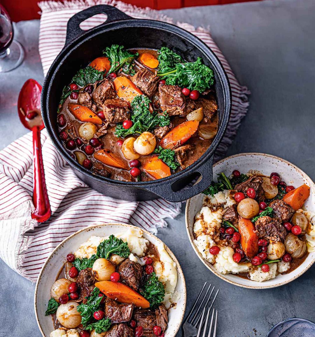 Spiced cinnamon beef stew with popping cranberries