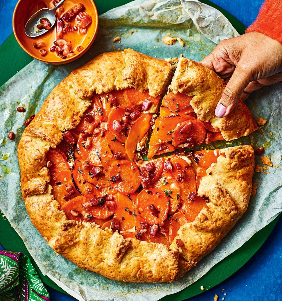 Squash and sweet potato galette with bacon butter