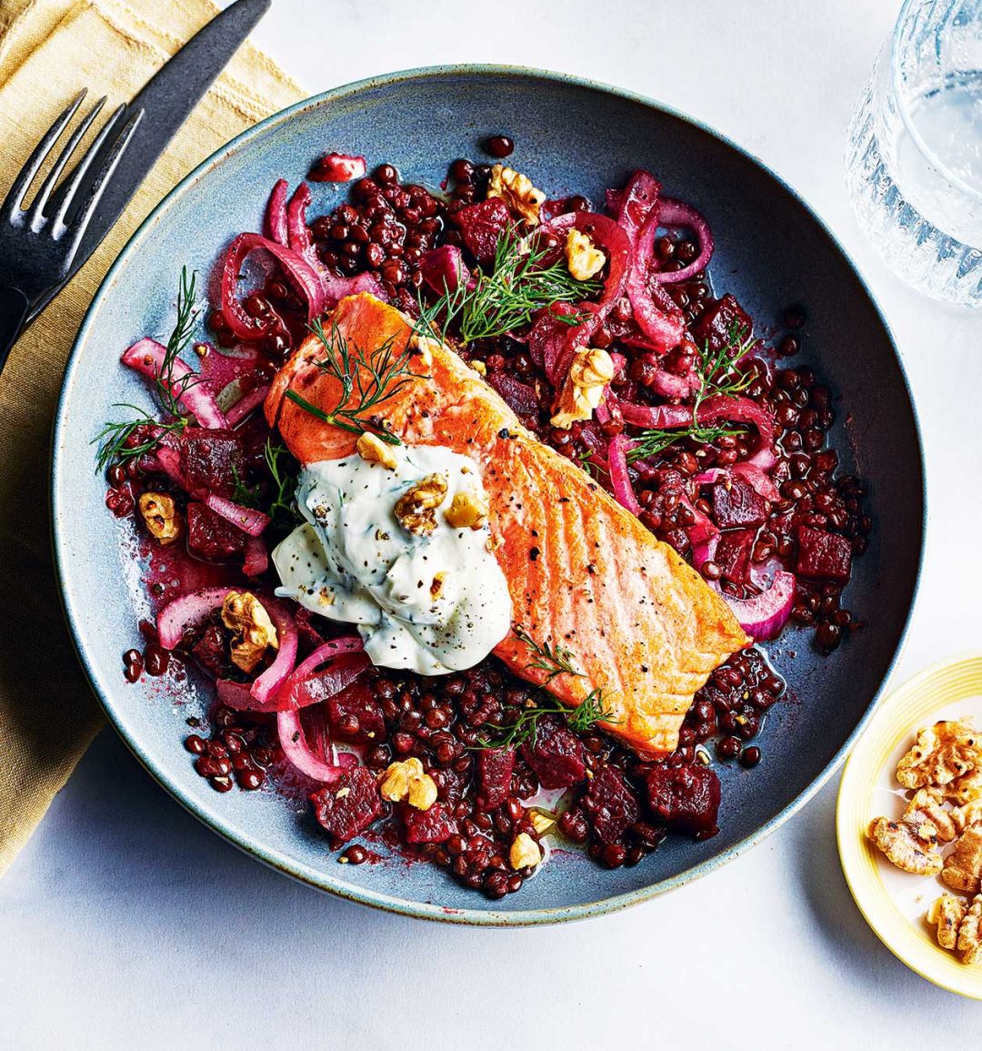 Pan-fried trout with beetroot lentils