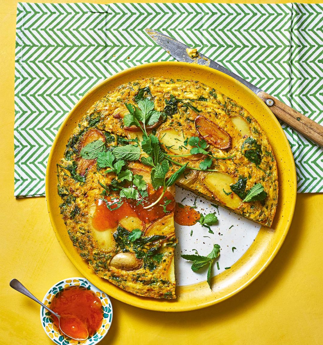 Curried Jersey Royal and paneer frittata
