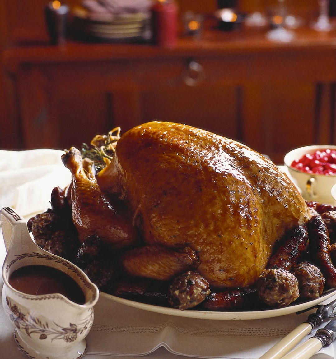 Roast turkey, chestnut stuffing and honey-mustard chipolatas
