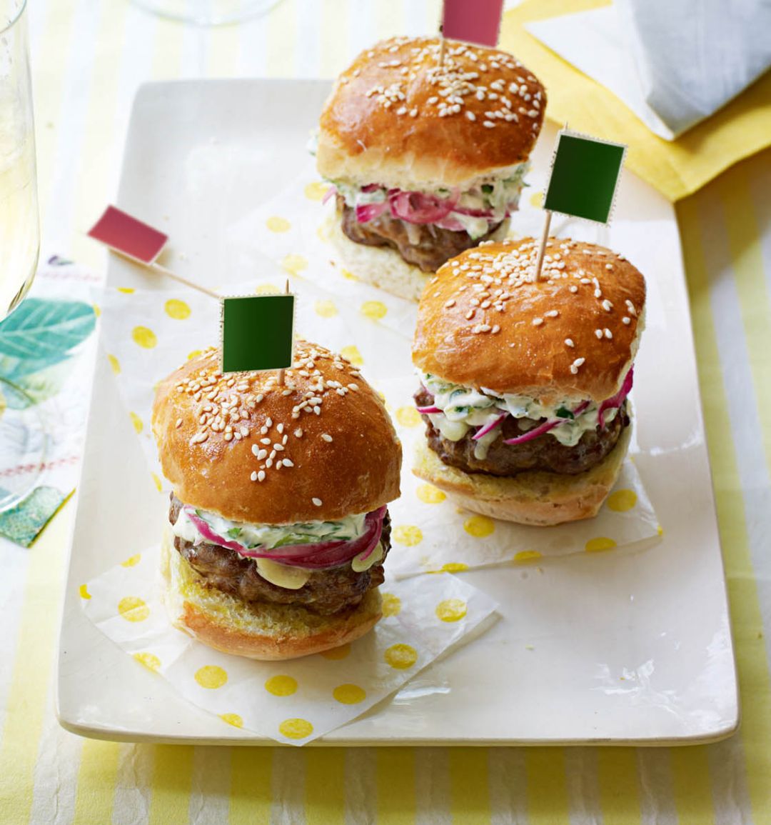 Beef sliders with cheddar, red onion pickle and crème fraîche