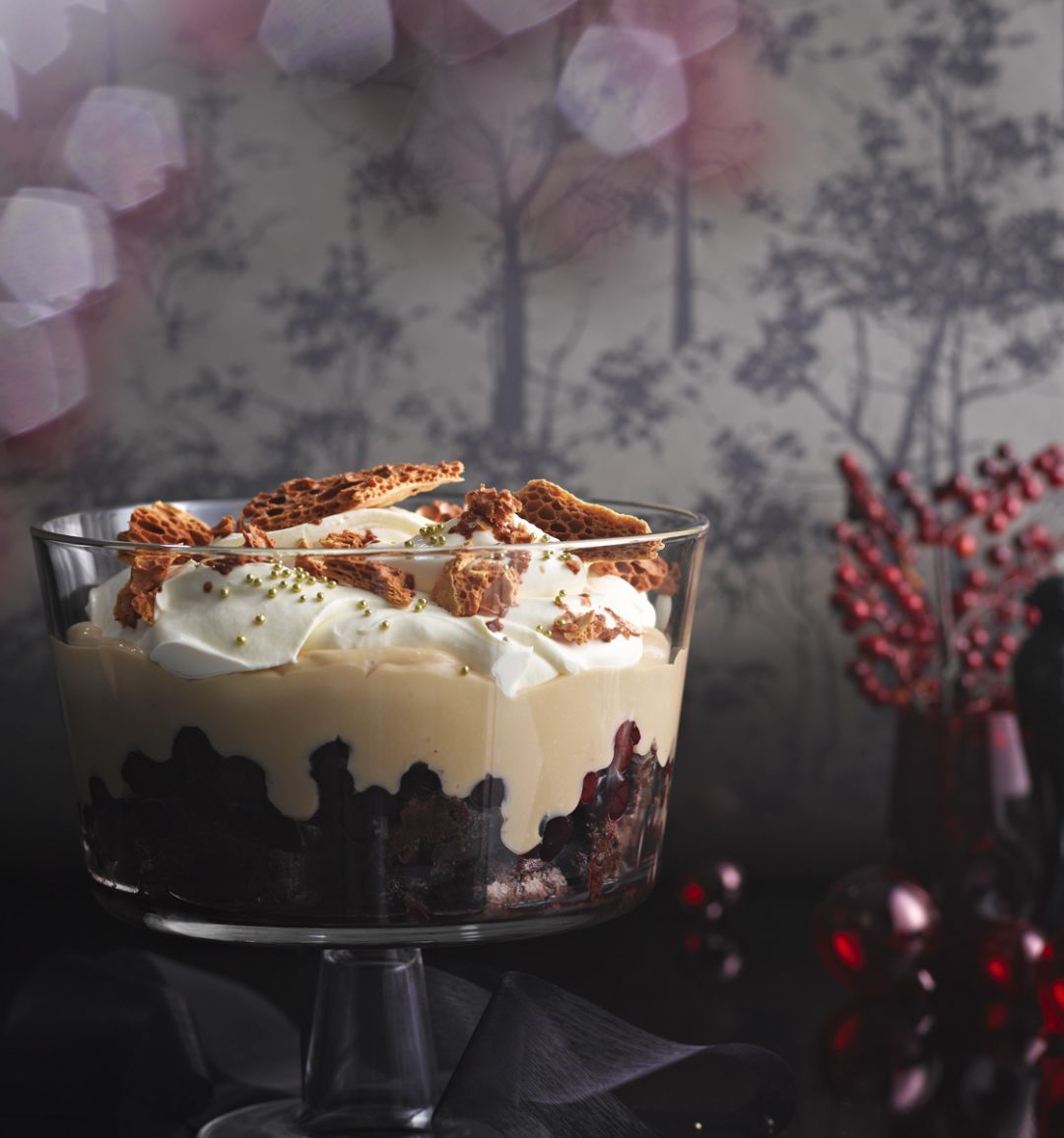 Chocolate brownie, cherry and honeycomb trifle