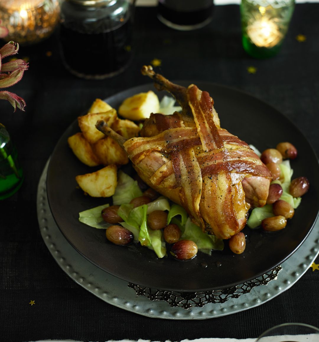 Roast pheasant with grapes and sweetheart cabbage