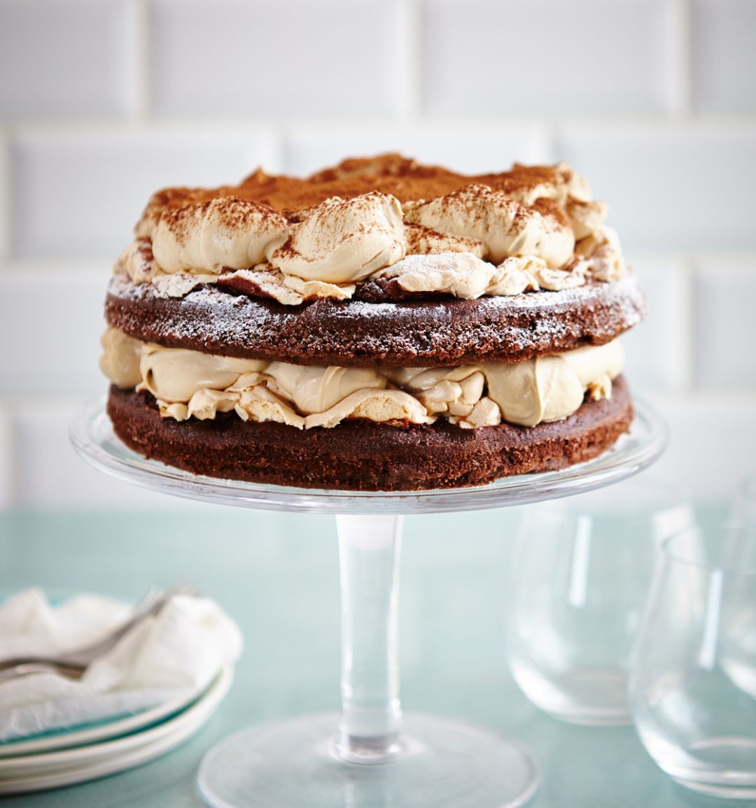 Chocolate sponge and meringue layer cake