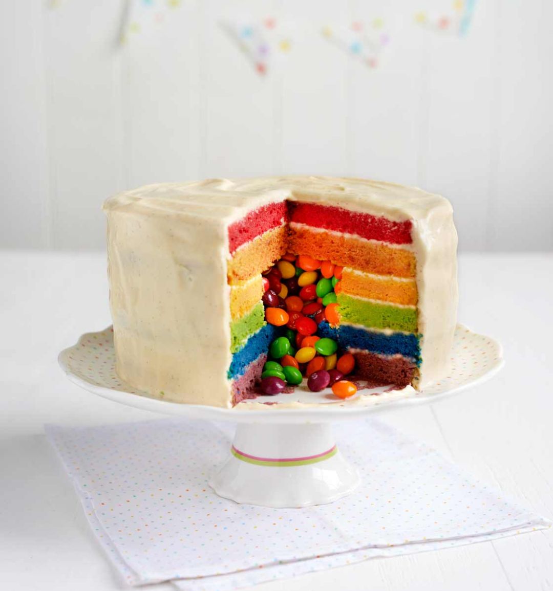 Surprise Skittles rainbow cake